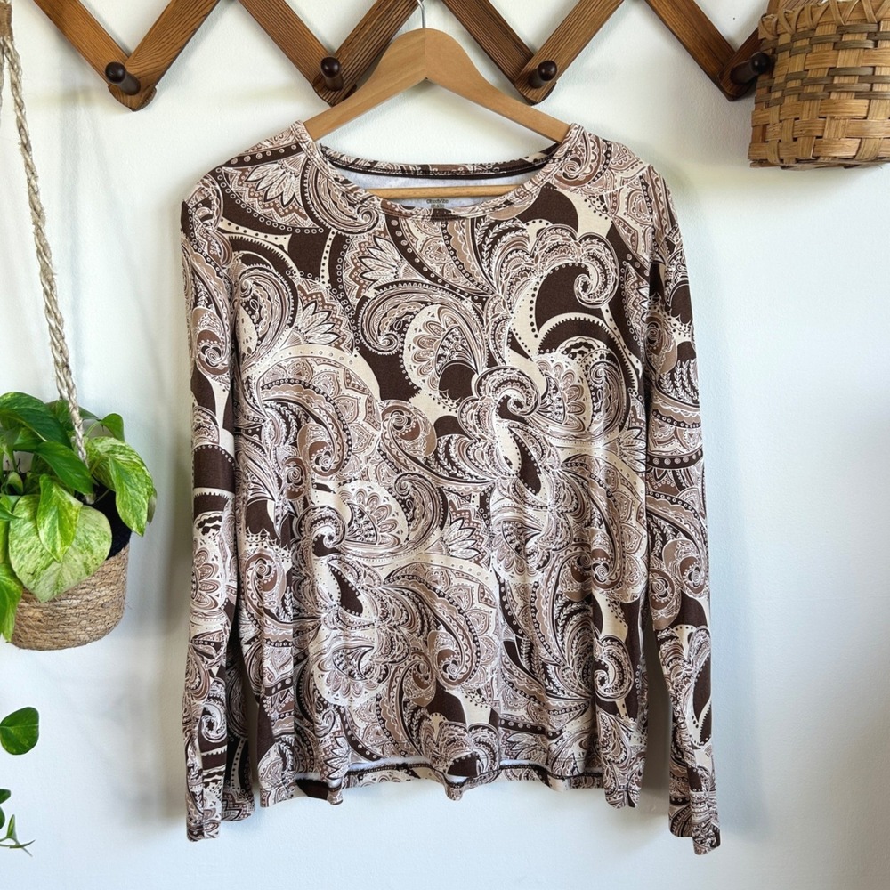 St Johns Bay Womens XL Classic Tee Brown Paisley Long Sleeve Cotton Shirt